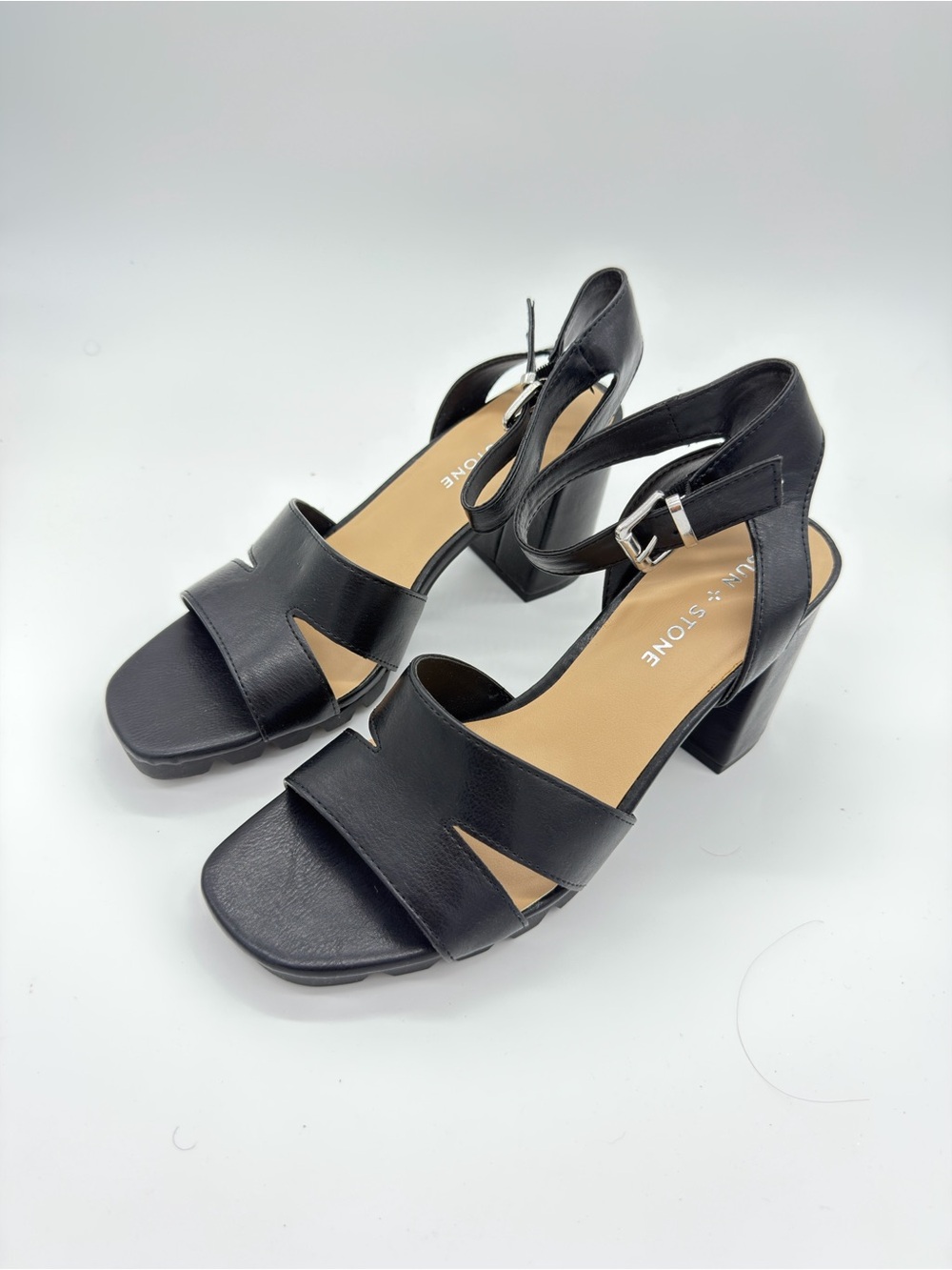 Sun + Stone Black Leather Block Heel Sandals with Ankle Buckle